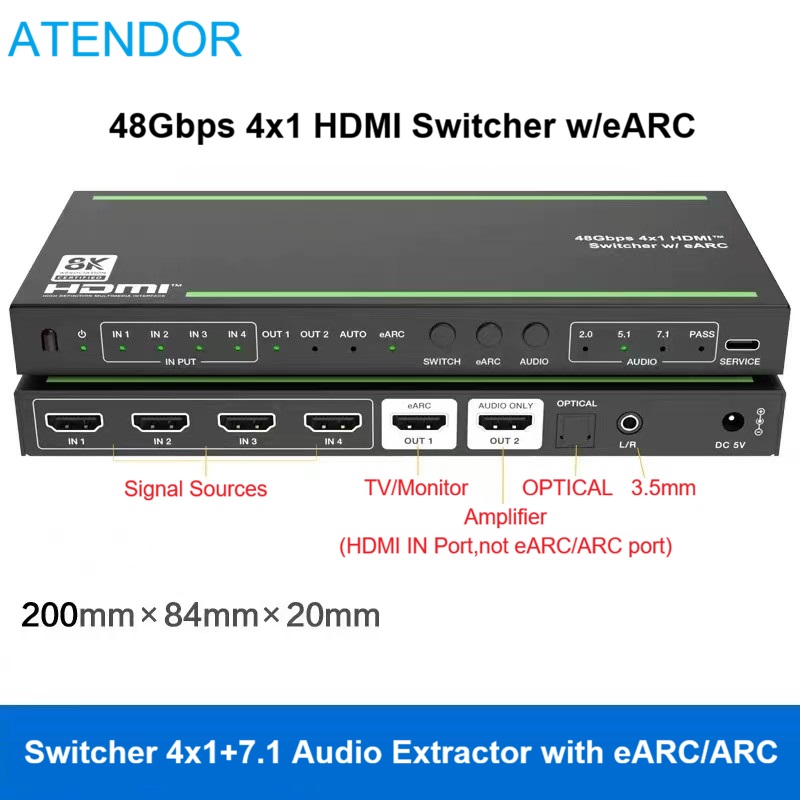 Hdmi Audio Extractor Earc 7.1 - Przełącznik HDMI2.1 4x1, ekstraktor audio 7.1,