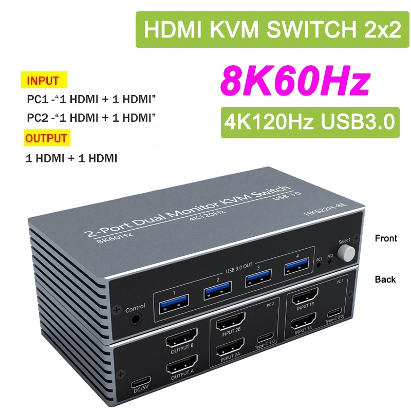 Hdmi Kvm Switch 4 Port Dual Monitor - Przełącznik KVM 8K 60Hz 2x2 HDMI2.1