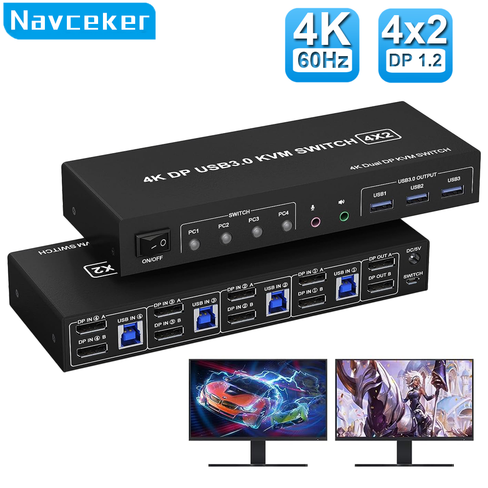 Przełącznik KVM Navceker 4 PC  – Hdmi Kvm Switch 4 Port Dual Monitor recenzja i cena